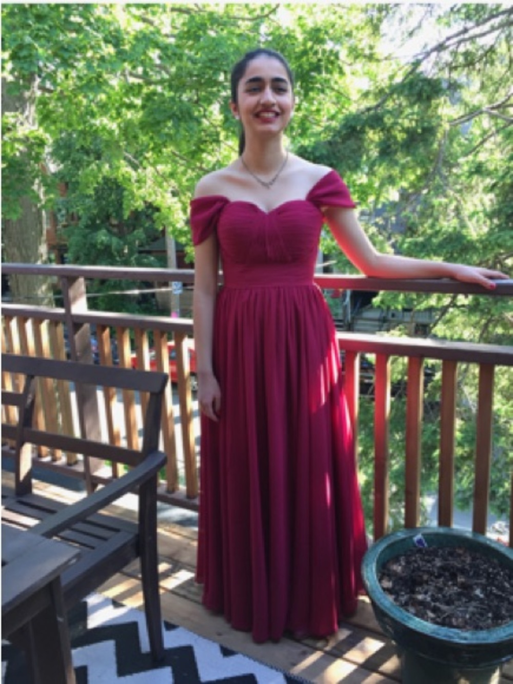 JJs House Burgundy Off-Shoulder Prom Dress